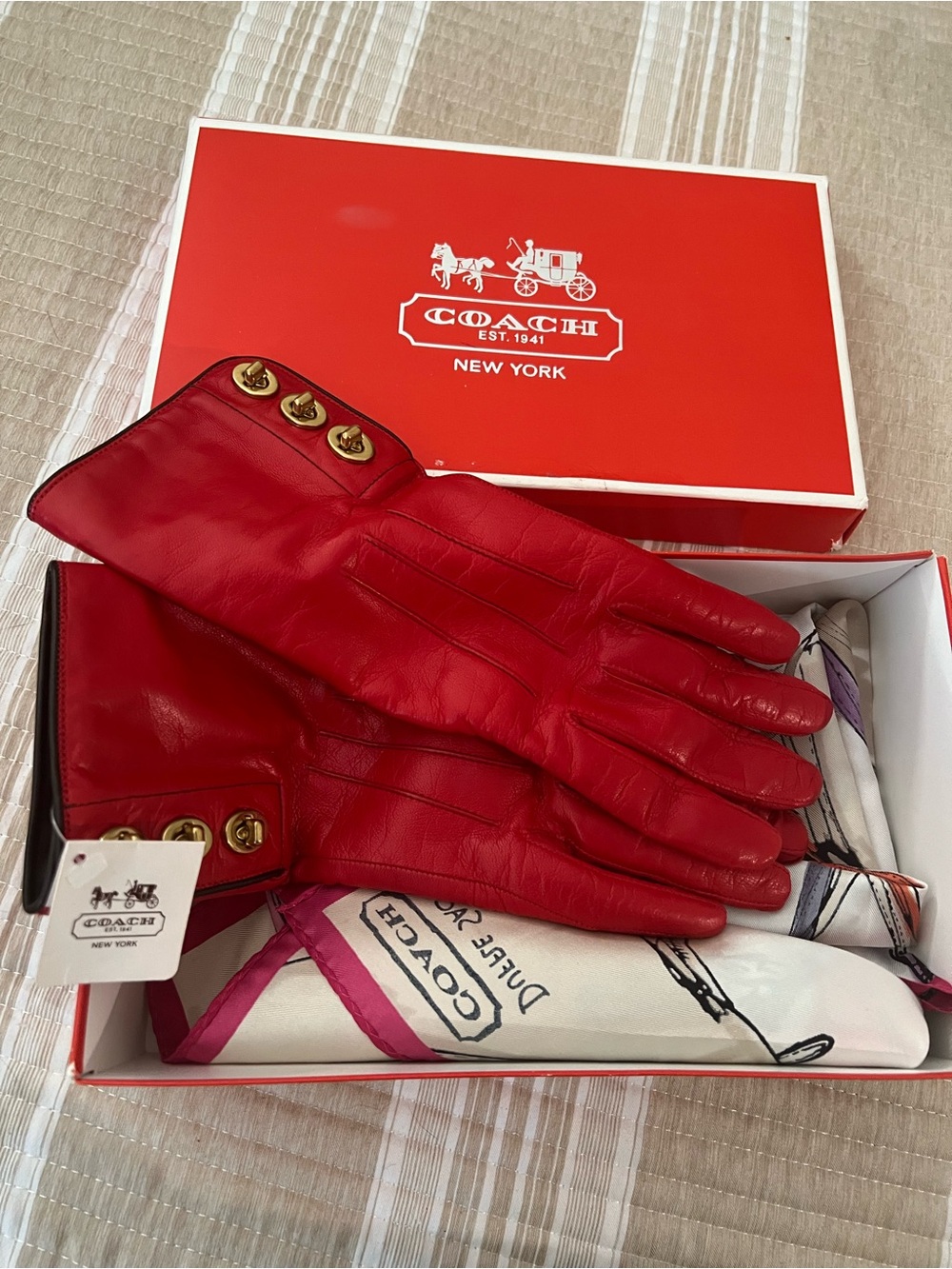 COACH LEATHER GLOVES NEW with COACH 100% SILK SCARF